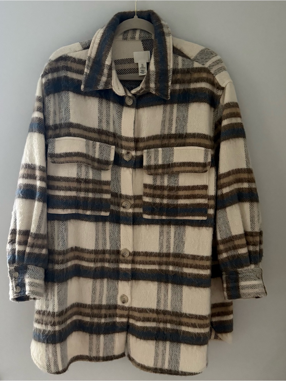 H&M Plaid Button-Front Shacket Jacket in Cream Brown and Blue